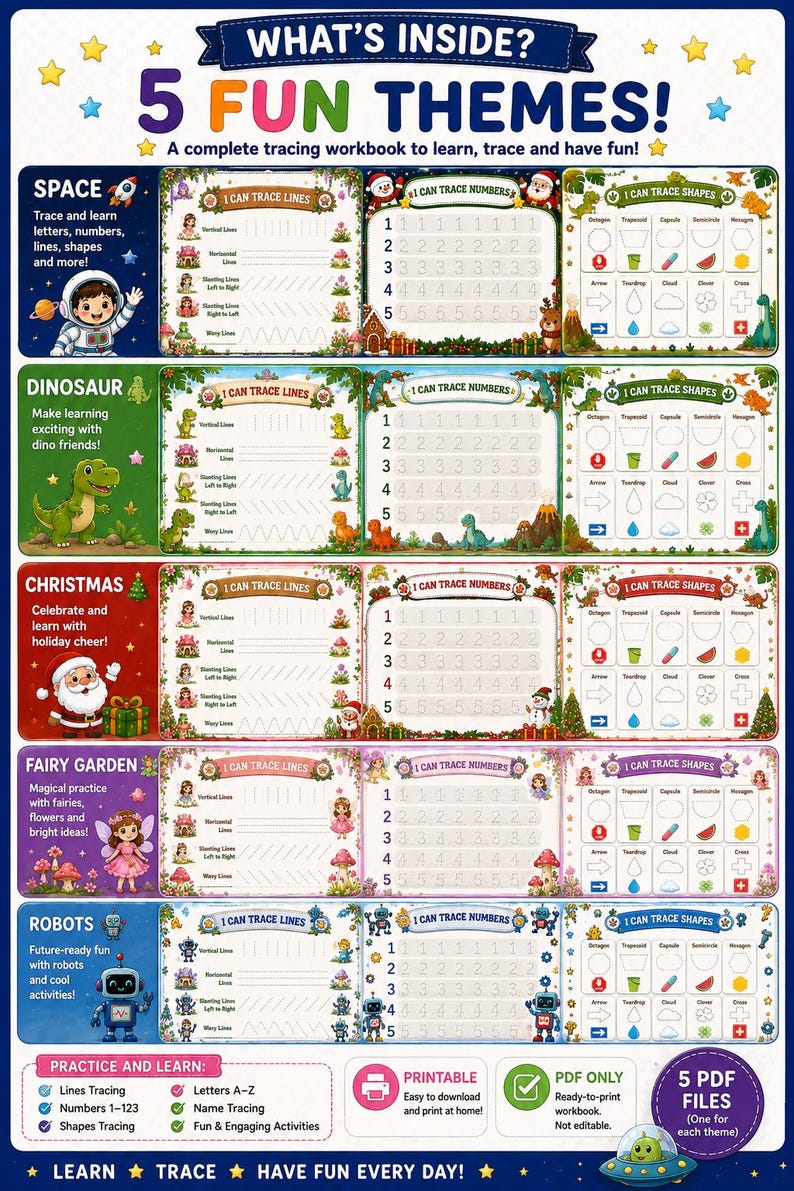 May include: A multi-page educational tracing workbook featuring five themes: space, dinosaurs, Christmas, fairy garden, and robots. Each section includes practice sheets for lines, numbers, and shapes with colourful illustrations and clear text labels.