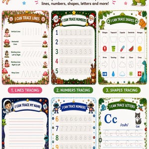 May include: A colourful educational tracing workbook featuring six distinct activity pages titled I Can Trace Lines, Numbers, Shapes, My Name, and Letters. The pages include illustrations of fairies, dinosaurs, space themes, and holiday characters.