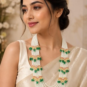 Multi Strand Pearl Rani Haar Necklace | Emerald Green Beaded Royal Indian Bridal Jewelry