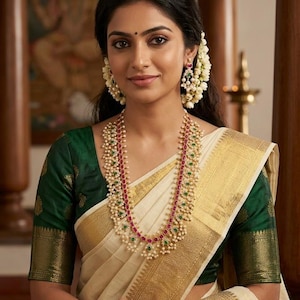 May include: A long gold necklace featuring alternating red and green stones accented with small white pearls, paired with matching drop earrings. The jewelry is worn with a cream-colored garment featuring a wide gold border and a dark green blouse.