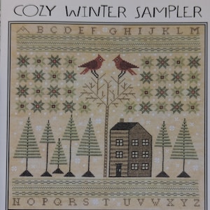 Può includere: Schema di punto croce per un sampler invernale con una casa, alberi, cardinali e fiocchi di neve. Lo schema include l'alfabeto in lettere maiuscole e minuscole.