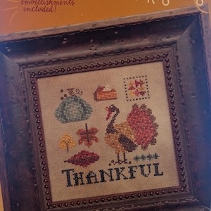 May include: A cross-stitch pattern featuring a Thanksgiving theme with a turkey, pumpkin, pie, and leaves. The pattern is framed in a brown wooden frame with a beaded border. The text "Thankful" is stitched in the center of the pattern. The pattern is titled "doodles: Thanksgiving" and is from the Heart in Hand needleart collection.