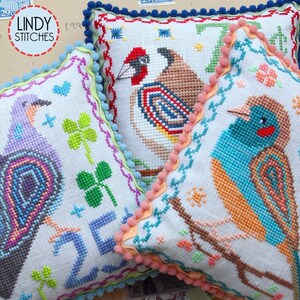 May include: Three embroidered pillow covers with different bird designs. The first pillow cover features a purple bird with green shamrocks and the number 25. The second pillow cover features a brown and red bird with a blue and white background. The third pillow cover features a blue and orange bird with a white background.