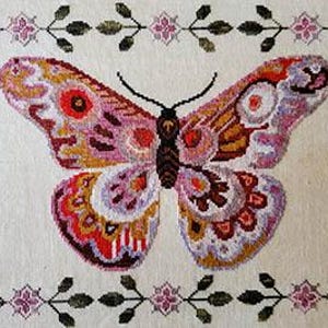 May include: A colorful butterfly with intricate patterns in shades of pink, orange, yellow, and purple. The butterfly is surrounded by a border of green leaves and pink flowers.