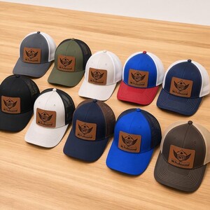 Custom Leather Patch Trucker Hat | 2x3 Inch Brown Leather Logo | Multiple Colors Available | Structured Snapback Cap
