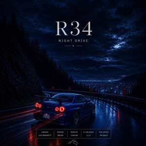 Peut inclure: Une voiture de sport R34 bleue roulant sur une route de montagne humide la nuit avec des feux arrière rouges. Le texte indique R34 NIGHT DRIVE, les spécifications du moteur et les coordonnées du mont Haruna, Japon, sous un ciel nocturne.