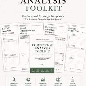 Op de afbeelding: Een concurrentieanalyse-toolkit met professionele strategietemplates. De collectie bevat een SWOT-analyse, een merkdifferentiatie-matrix, een werkblad voor concurrentievoordeel en een strategisch actieplan voor bedrijfsstrategie.