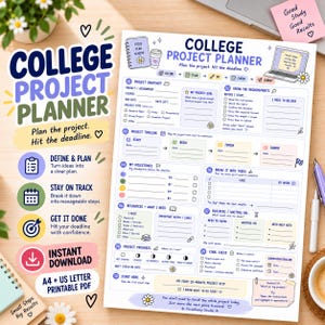 Puede incluir: Un documento imprimible de planificador de proyectos universitarios con secciones para resúmenes, requisitos, cronogramas, hitos, tareas, recursos y seguimiento de progreso, incluyendo iconos y motivos florales en el diseño.