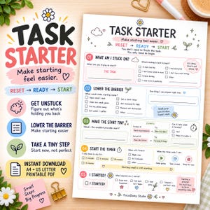 May include: A Task Starter printable PDF worksheet featuring five numbered steps to help overcome procrastination. The document includes checkboxes, prompts, and illustrations of daisies, clouds, and sprouts, with text guiding users through resetting, getting ready, and starting tasks.