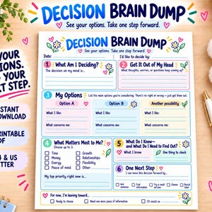 May include: A Decision Brain Dump printable worksheet featuring sections for decision-making, including What Am I Deciding, Get It Out of My Head, My Options, What Matters Most to Me, What Do I Know, and One Next Step, with colourful floral accents.