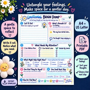 May include: A printable Emotional Brain Dump worksheet featuring seven numbered sections for reflection, including prompts like Let It Out, What Needs My Attention, and One Small Next Step, decorated with colorful flowers, hearts, and icons.