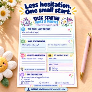 Puede incluir: Una página de planificador imprimible Task Starter con el texto Less hesitation. One small start. TASK STARTER FIRST 5 MINUTES. Incluye cinco secciones numeradas con indicaciones para la planificación de tareas, un icono de temporizador y casillas.