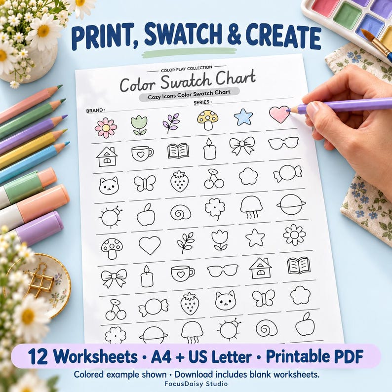 Printable Color Swatch Charts Bundle, 12 Cute Designs, Marker ...