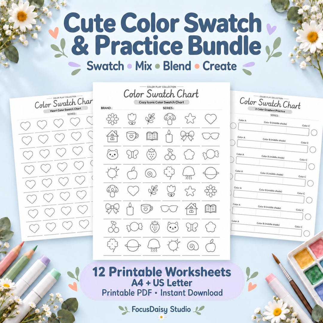 Printable Color Swatch Charts Bundle, 12 Cute Designs, Marker ...