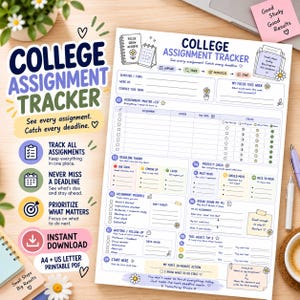 May include: A white paper college assignment tracker with blue and purple text, featuring sections for assignment lists, deadline radar, priority checks, and progress tracking. The layout includes small flower illustrations and icons for planning, with the text College Assignment Tracker printed at the top.