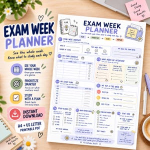 Op de afbeelding: Een printbaar Exam Week Planner document met secties voor examenschema's, studieplannen en dagelijkse prioriteiten. Het witte papier bevat blauwe, gele en groene accenten met tekst zoals Exam Week Planner, My Exam Schedule en My Top 3 This Week.