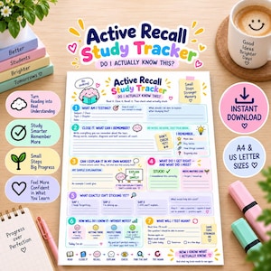 May include: An Active Recall Study Tracker printable sheet featuring seven numbered sections for academic review. The document includes prompts for testing knowledge, explaining concepts, and identifying gaps, with colorful icons and text throughout.