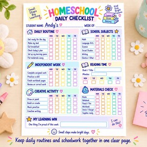 Puede incluir: Una lista de verificación diaria de educación en casa en papel blanco con encabezados coloridos y secciones para rutina diaria, materias escolares, trabajo independiente, tiempo de lectura, actividad creativa y verificación de materiales.
