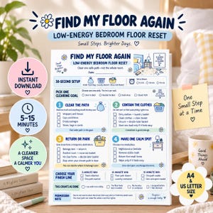 以下が含まれることがあります： Find My Floor Againというタイトルの白い印刷可能なチェックリスト。青いテキストとアイコンで構成されています。寝室の床を片付けるための4つのステップ（通路の確保、衣類の整理、物の返却、落ち着ける場所の作成）が記載されています。