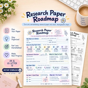 May include: A Research Paper Roadmap printable planner sheet featuring sections for planning, organising, and tracking progress. The document includes headers like My Paper at a Glance, Break the Big Paper Down, and My Paper Map with fillable fields.