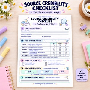 May include: A white paper source credibility checklist with blue text and headers. The document includes sections titled Meet Your Source, The 5 Trust Checks, Spot The Red Flags, My Source Decision, and My Next Research Step with blank lines.