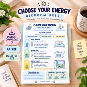 Puede incluir: Una lista de control imprimible para el dormitorio titulada Choose Your Energy con tres niveles de tareas: Bare Minimum, Quick Reset y Fresh Start. El documento incluye casillas de verificación, ilustraciones de una cama, cesto de ropa y ventana, además de una sección para logros.