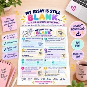 May include: A printable essay planning worksheet titled My Essay Is Still Blank with seven numbered steps for brainstorming, including sections for prompts, ideas, thesis development, and supporting points, featuring colorful text and icons on a white background.