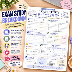 Exam Study Breakdown Planner, College Exam Prep & Revision Worksheet