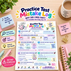 Puede incluir: Una hoja imprimible Practice Test Mistake Log con siete secciones numeradas para analizar errores académicos. El documento incluye indicaciones de texto, casillas de verificación e iconos coloridos como cerebros, dianas y bombillas sobre un fondo blanco.