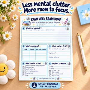 Könnte beinhalten: Ein weißes Planerblatt aus Papier mit der Überschrift Exam Week Brain Dump, blauem Text und floralen Akzenten. Es enthält fünf Abschnitte zur Studienorganisation, darunter Zeilen und Kontrollkästchen zum Eintragen von Aufgaben, Prüfungsterminen und Prioritäten für die Lernwoche.