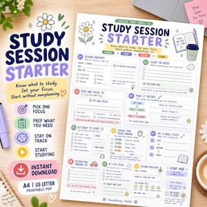 Peut inclure: Une feuille de planification imprimable pour les sessions d'étude, comprenant dix sections numérotées pour l'organisation académique. Le document contient des en-têtes, des cases à cocher et des invites pour la concentration, la gestion des distractions et la répartition des tâches, décoré d'illustrations de marguerites.