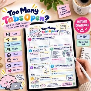 May include: A digital brain dump planner template displayed on a tablet screen, featuring sections for tasks, ideas, and reminders. The colorful layout includes numbered steps to organize thoughts, clear mental clutter, and prioritize focus with a clean, structured design.