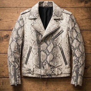 Maßgefertigte Lederjacke mit Schlangenmuster, handgefertigt, Herren-Bikerjacke mit Pythonmuster, maßgeschneiderte Passform, exotischer Rocker-Stil