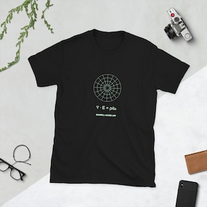 May include: A black short-sleeved t-shirt featuring a white graphic of a circular grid pattern above the mathematical equation for Gauss's Law, written as ∇ · E = ρ/ε₀, with the text MAXWELL-GAUSS LAW printed in white below the equation.