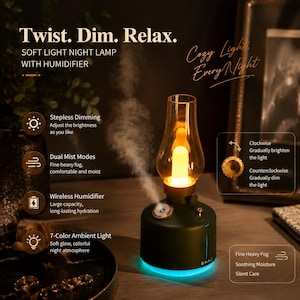 May include: A dark green night lamp with a humidifier, featuring a clear glass chimney and a glowing light source. The base emits a blue light and has a gold dial. Text includes Twist. Dim. Relax. Soft Light Night Lamp With Humidifier.