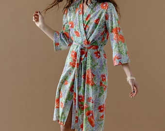 Vintage Floral Wrap Kimono Robe Dress