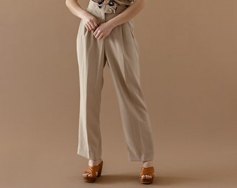 Vintage Taupe Pleated Trousers with Gold Nautical Button