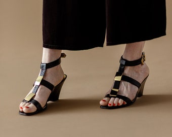 Black and Gold Wedge Sandals