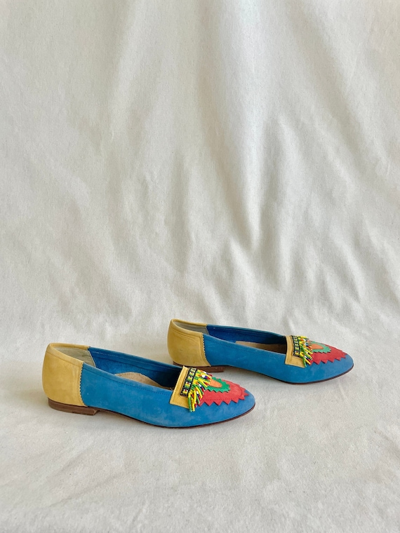 Mulitcolor Suede Bernado Loafers with Beaded Fring