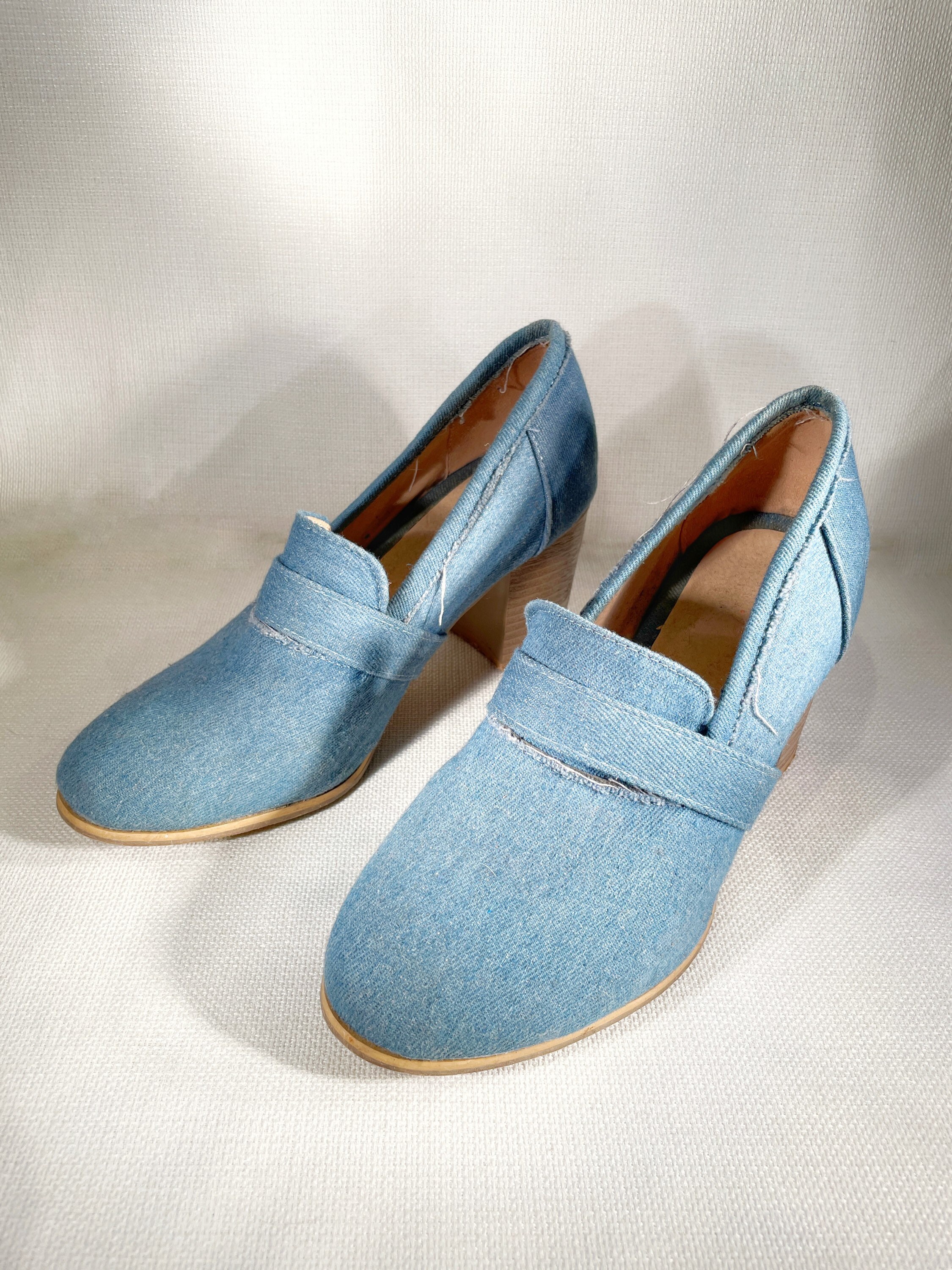 denim block heels
