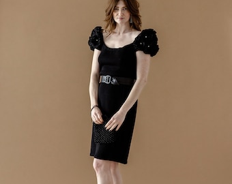 Vintage Black St John by Marie Gray Cocktail Dress with Ruffle Floral Sleeve