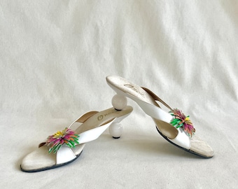 White Leather Kitten Heels with Multi Color Pompom by Onex