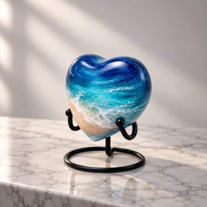 May include: A heart-shaped glass sculpture featuring a blue ocean wave design with white sea foam crashing onto a sandy beach shore. The sculpture is supported by a black metal stand with a circular base and two curved prongs holding it upright.