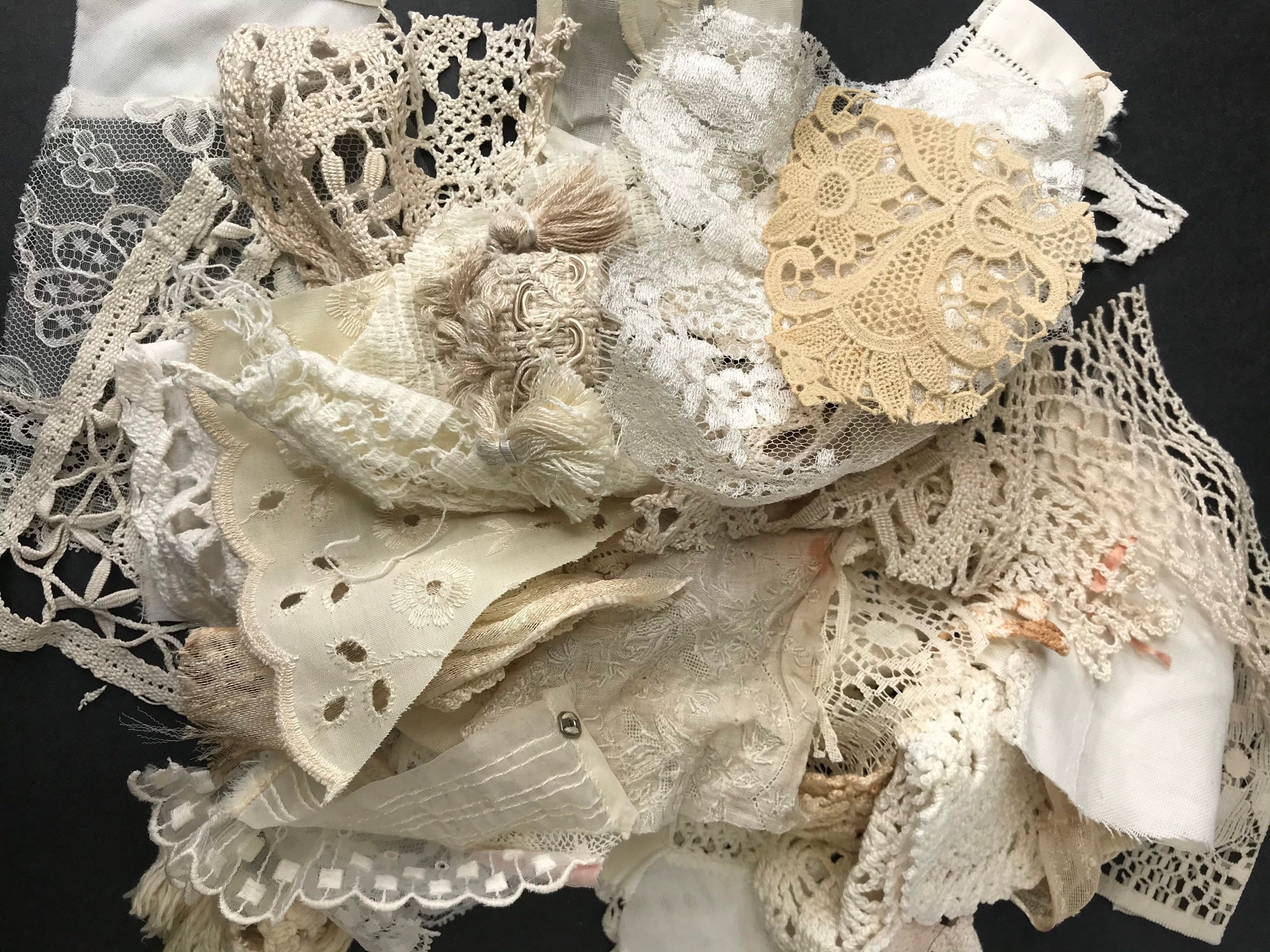 Vintage Lace Pieces Mixed Media Grab Bag Texture Fabric Lot Neutral C…