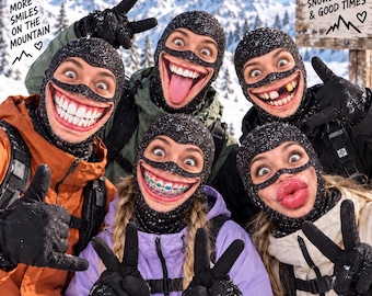 May include: Five people wearing black balaclava ski masks with printed graphic designs of exaggerated facial expressions, including wide smiles, missing teeth, braces, and large lips. The text reads FUNNY SKI MASKS, SAME POWDER. A FUNNIER YOU.