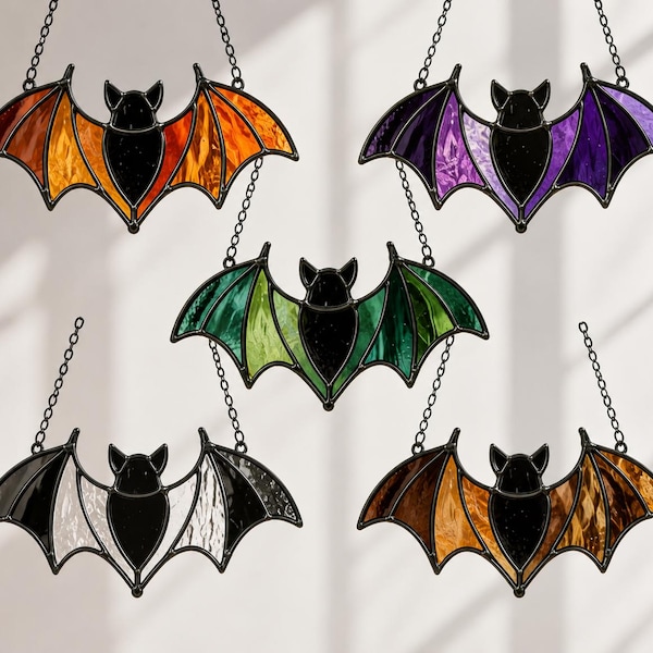 Bat REAL Stained Glass Suncatcher, Gothic Halloween Window Hanging, Spooky Bat Decor, Gift For Goth Lover