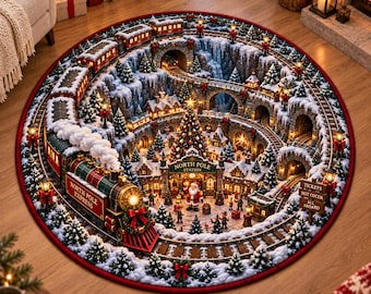 Puede incluir: Una alfombra circular con una detallada escena invernal en 3D del Polo Norte. Un tren con la inscripción North Pole Express viaja a través de montañas nevadas y túneles, rodeando una estación central con un árbol de Navidad y Santa Claus.