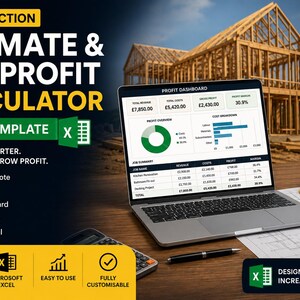 May include: A digital construction estimate and job profit calculator Excel template displayed on a laptop screen. The screen shows a profit dashboard with charts and tables. A yellow hard hat, blueprints, and a calculator are on the desk.