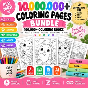 May include: A digital bundle of 10,000,000+ coloring pages and 100,000+ coloring books featuring diverse themes like animals, holidays, and educational content. Includes PDF, PNG, SVG, and AI file formats for commercial use, printing, and editing.