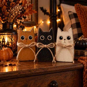 Kit de manualidades para coser: gato de madera y lazo acolchado, juego de patchwork otoñal sin terminar de 3 piezas, decoración de mesa para interiores de Halloween, manualidades DIY de 15 x 10 cm.
